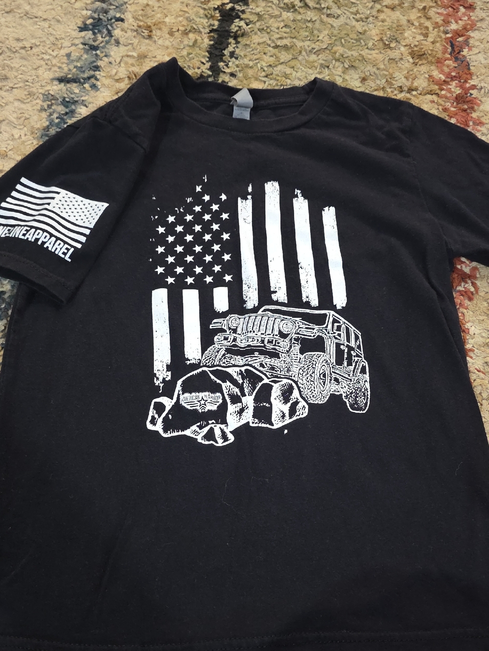 Boys Black Short Sleeve Tee with White American Flag & Off-Road Graphic